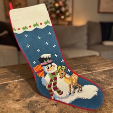 Vintage Crewel Needlepoint Snowman With Reindeer Christmas Stocking Velvet Back
