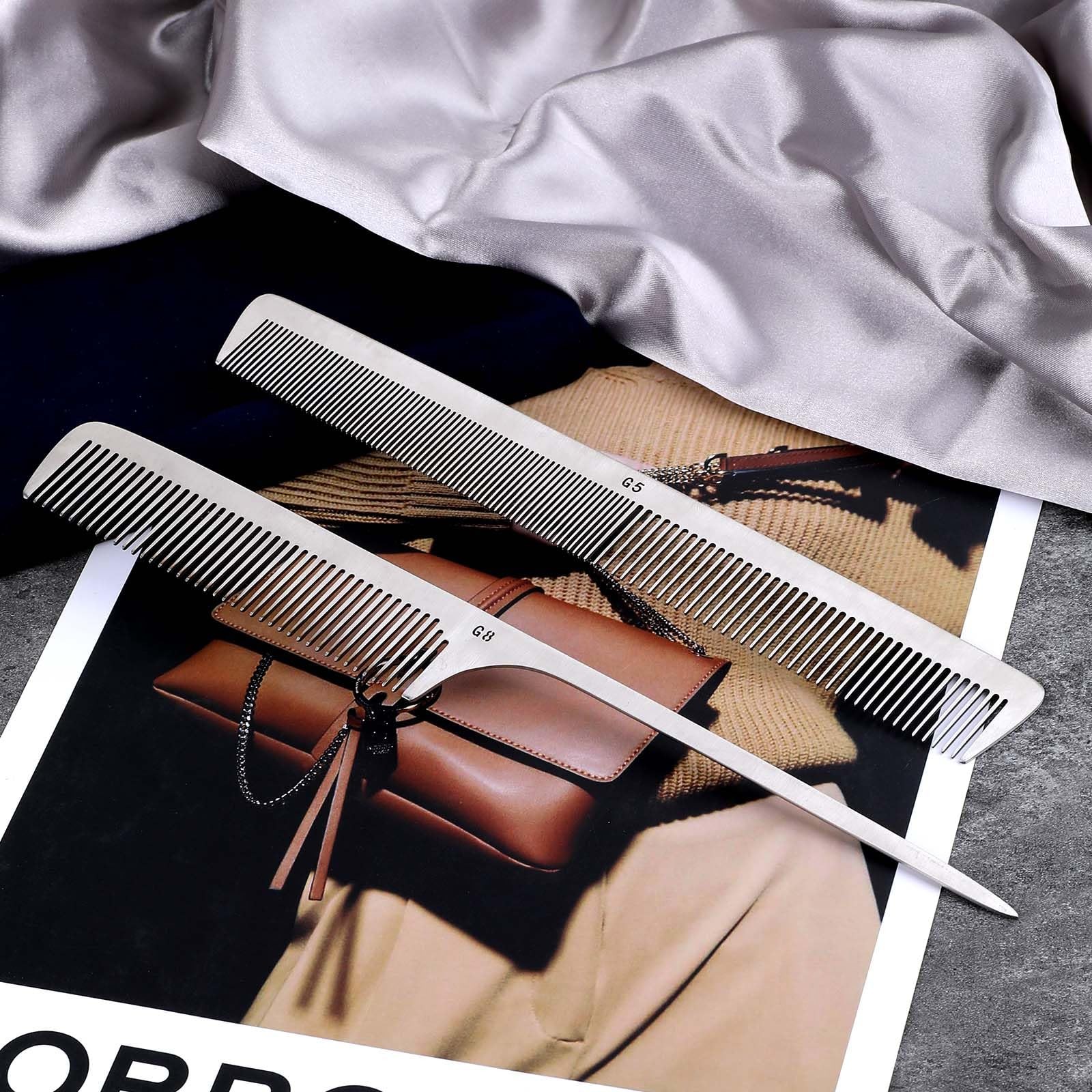 2 PCS Stainless Steel Rat Tail Comb with Metal Pick and Flat Top Barber Comb for