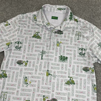 Waggle Polo Shirt Men M White Green Gnomes Lawnmower Augusta Golf Performance