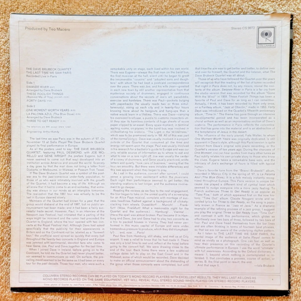Dave Brubeck квартет - последний раз мы видели Париж (виниловая пластинка, 1968) LP EX - Изображение 2 из 4