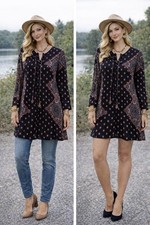 Alya DRESS Black Red Boho Paisley Shift Mini Chic Fun Unique Size Small EUC