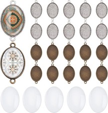 24Pcs Double Holes Photo Charms Connector Pendant Tray Blanks Bezel Cabochon Set