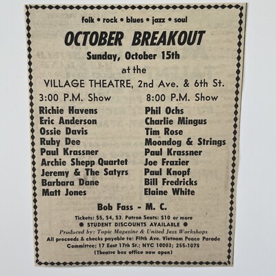 1967 Phil Ochs, Charlie Mingus, Archie Shepp, THE VILLAGE THEATRE NYC Concert Ad