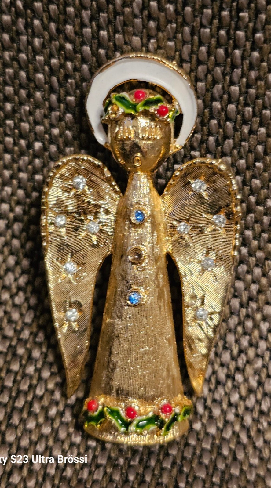 Brosche von Art Weihnachts-Engel m.Stechpalmenblatt Vintage Noel Nadelbrosche