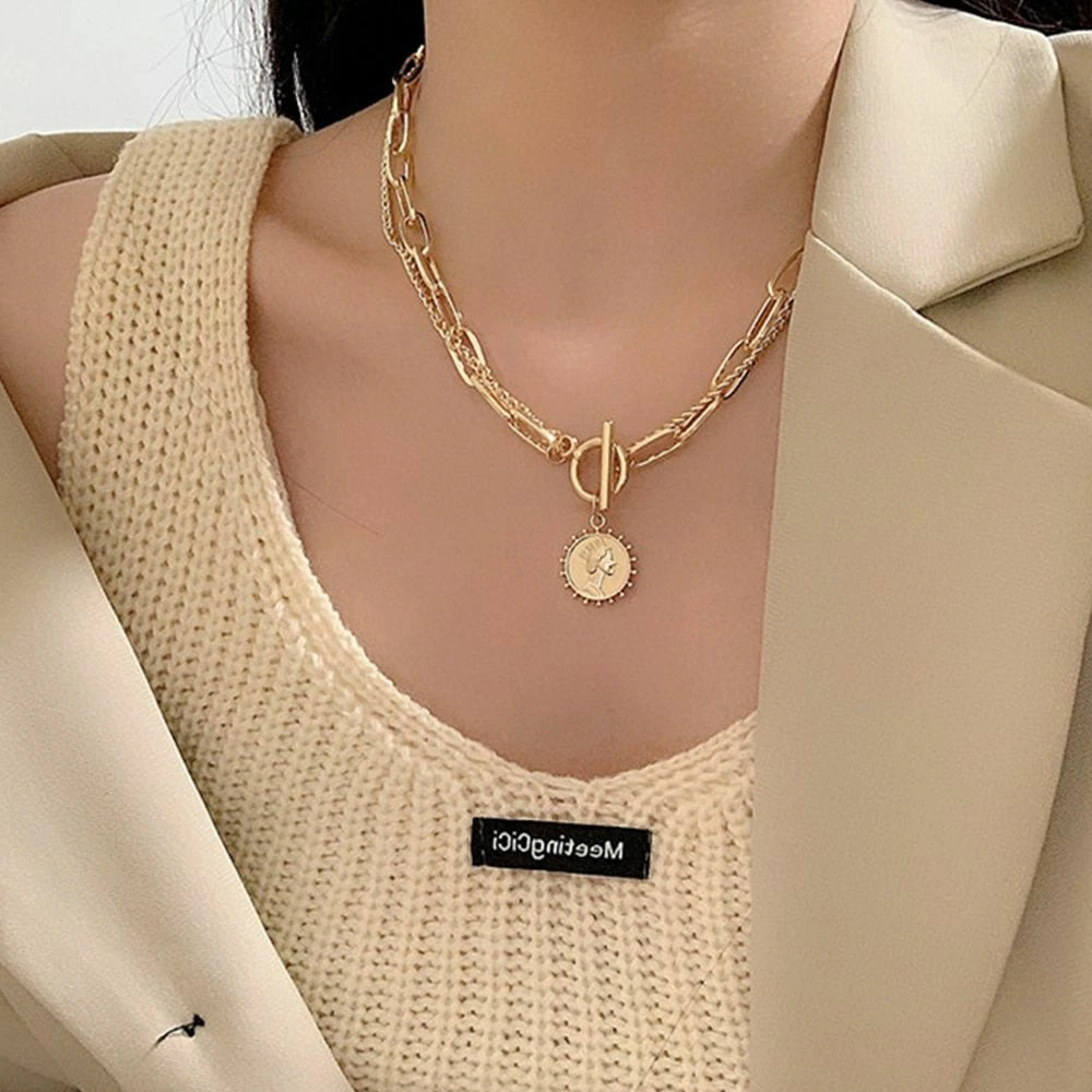 Thick Chain OT Buckle Necklace Coin Collar Choker Necklaces Punk Women s Jewelry