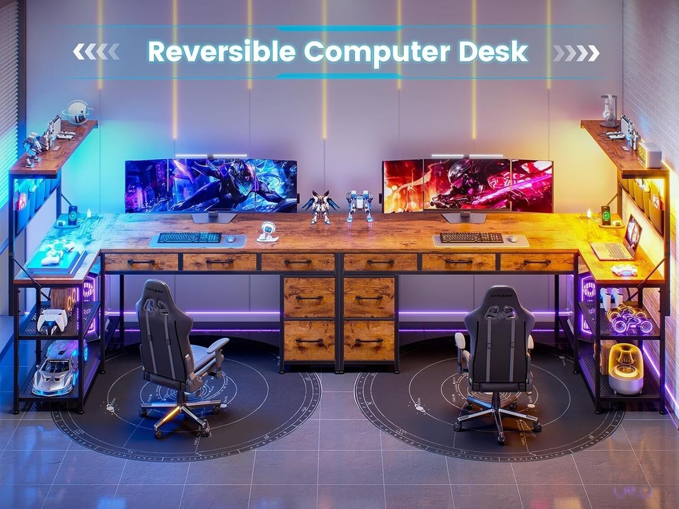 Pc Desk Ebay Reversible L Shaped Office Desk with 5 Drawers&LED Lights, Corner ...