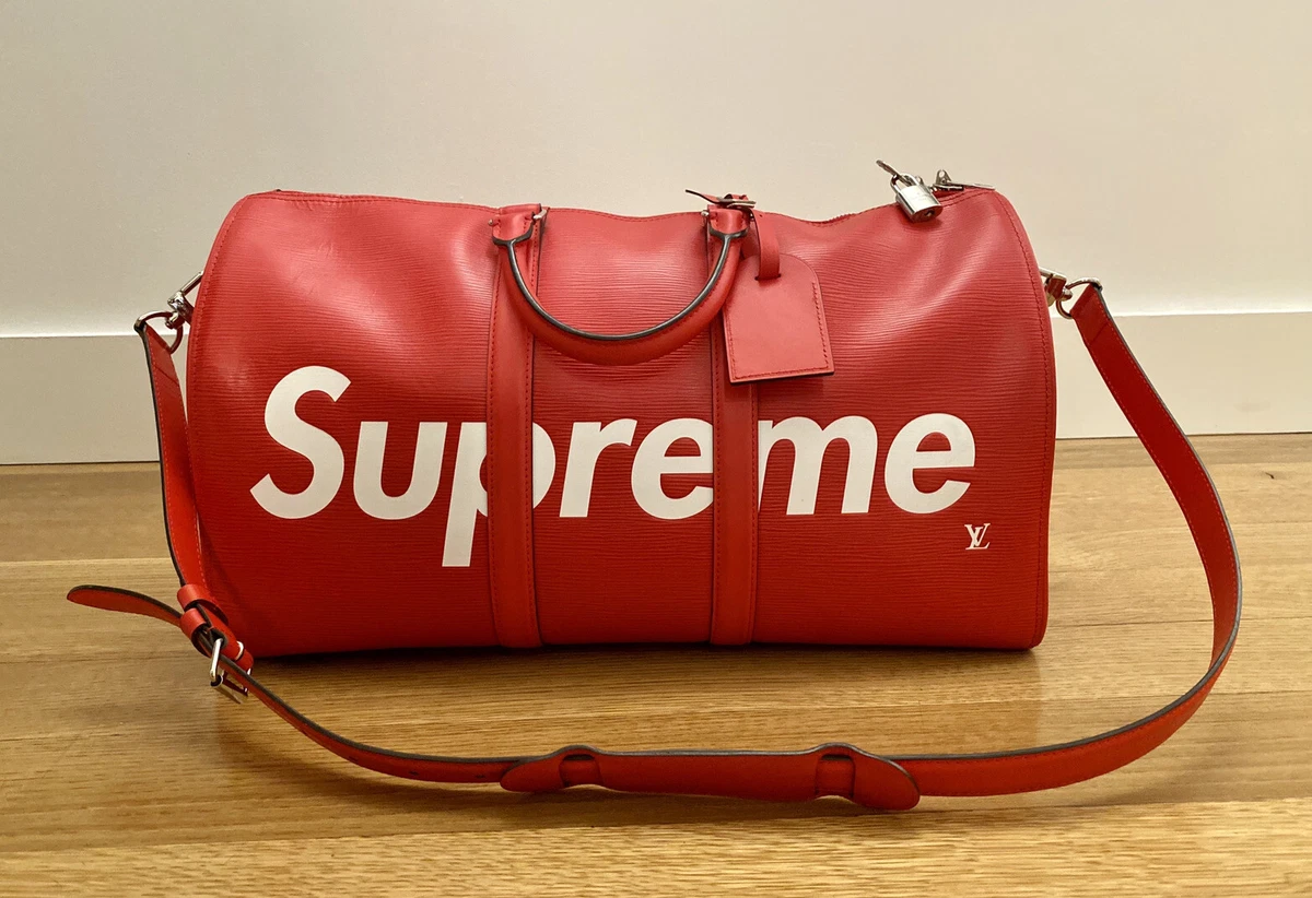 Louis Vuitton X Supreme Red Epi Keepall Bandouliere Duffle Bag 45 at  1stDibs  supreme x lv duffle bag, supreme louis vuitton duffle bag, louis  vuitton supreme duffle bag