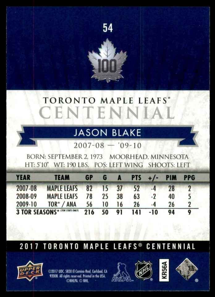 2017-18 Upper Deck Toronto Maple Leafs Centennial Base Jason Blake #54 - Image 2 of 2