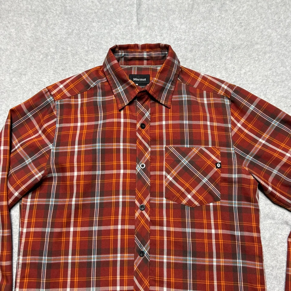 Marmot Shirt Mens Small Red Orange Plaid Button Up Polyester Wool Blend Outdoor - Image 2 of 4
