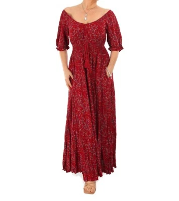 Neues Dunkelrotes Ditsy-Print Off-Shoulder Boho Maxi-Kleid - Bild 1 von 4