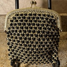 Vintage Black Bead  Gold Crochet Clutch Made in Italy 7" L X 6 1/2" W