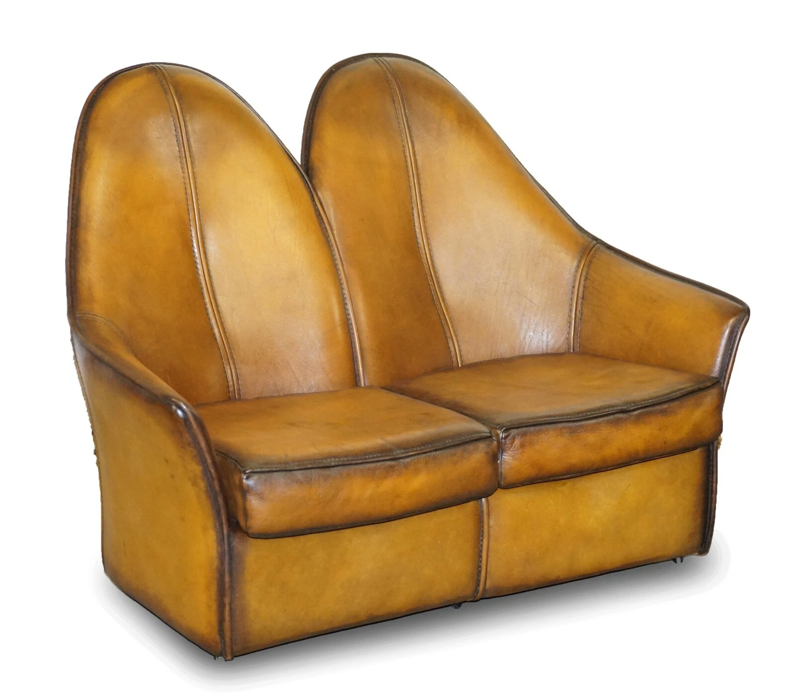 SUBLIME FULLY RESTORED ART MODERN CURVED BACK BROWN LEATHER SOFA PART OF SUITE