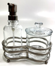 Clear Glass Soap Lotion Dispenser Bathroom Vanity 3 Piece Tray Set Lidded Jar