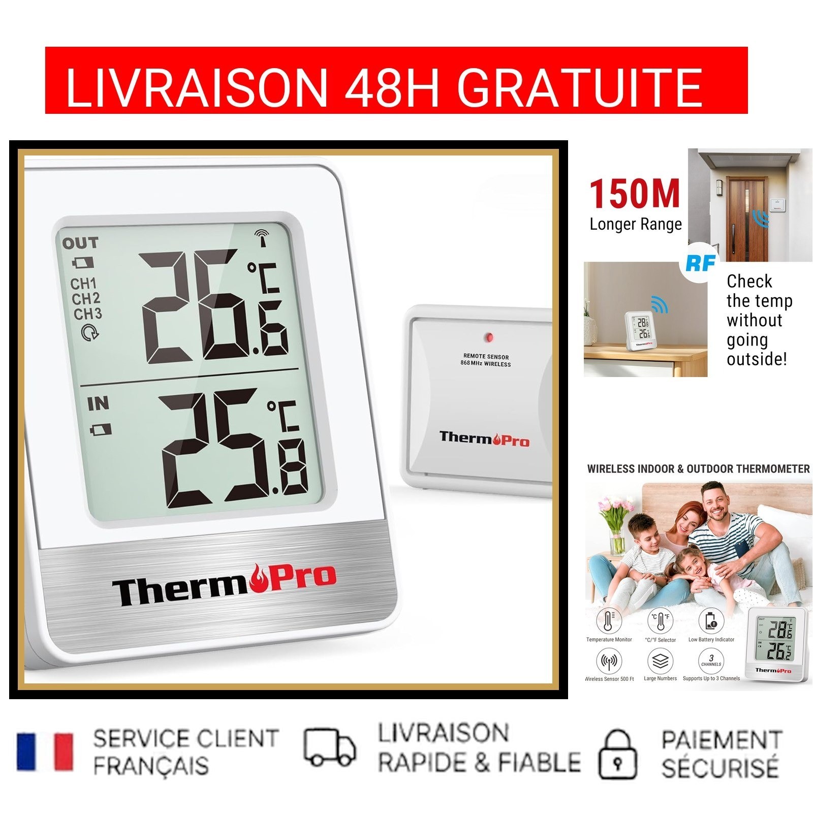 Station Météo Sans Fil ThermoPro TP200C Thermomètre Intérieur Extérieur LCD