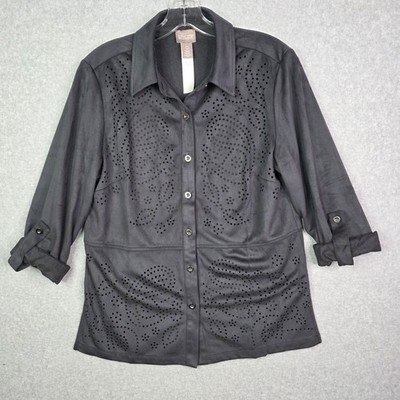 Chico s Button Down Eyelet Shirt Women s Size 0 Gray Collared Roll Tab Sleeve 