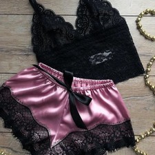 Pajama Set Lace Trim Cami Top Shorts Soft Comfortable Sleepwear Set 2PCS