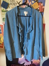 Chico's Women's Blazer Jacket Size 3, Open Front, Pockets, Textured, Blue