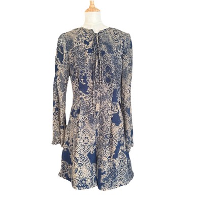 Fashion Union Womans Romper Sz 4 blue Tan Semi Sheer Sleeves Has Pockets Summer