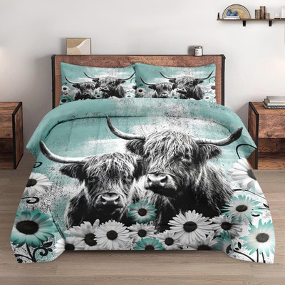 Comforter Set Queen Size with 2 Pillowcases, Highland Cow Animal 3 Pcs Bedding f