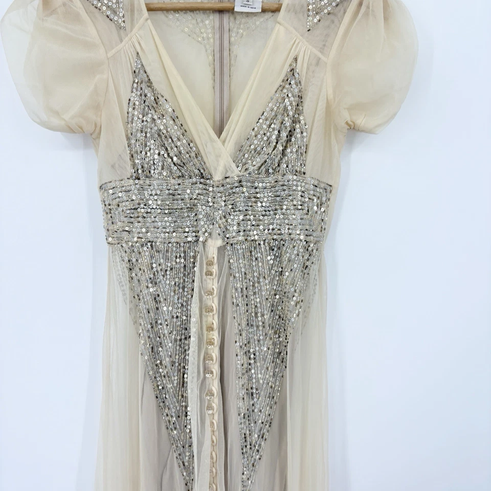 Vintage Y2K Anna Sui Gown 0 Fairy Beaded Babydoll Silk Mesh Ethereal Prom Dress - Image 2 of 4
