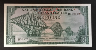 Banknote Of Scotland One Pound National Commercial Bank Of Scotland Dated 1968.