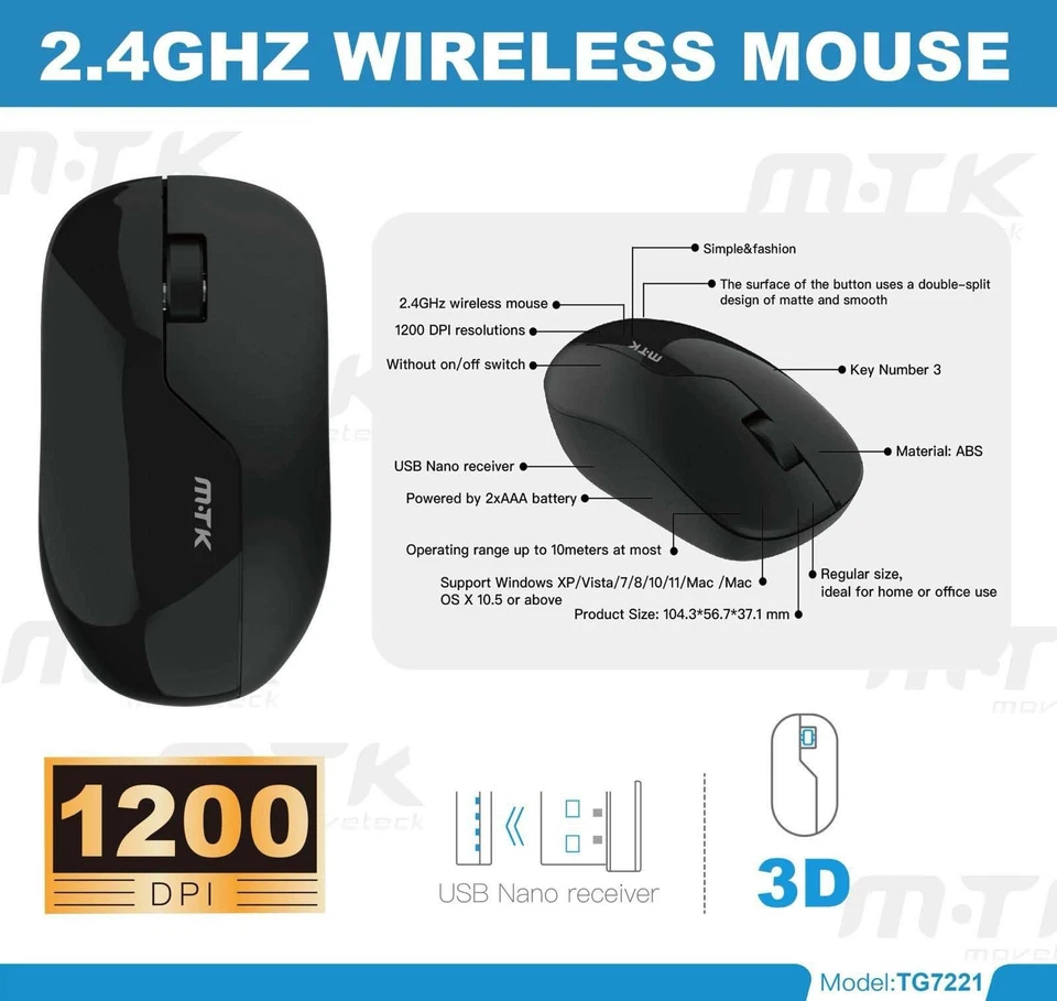 2.4 GHz Wireless Cordless Mouse Optical 1200 DPI PC Laptop Computer + USB 3D 4D - Image 4 of 4