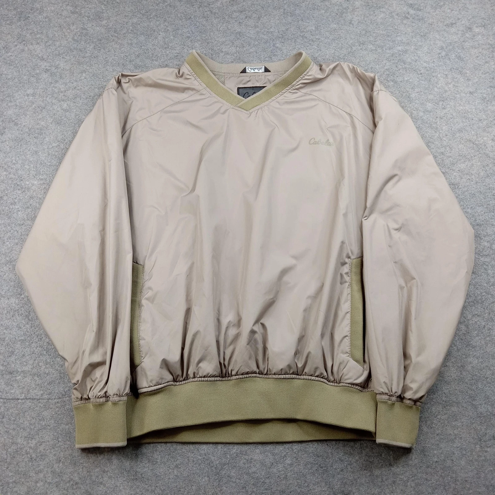 Cabelas Jacket Mens Large Beige V-Neck Pullover Windbreaker Lightweight Lined