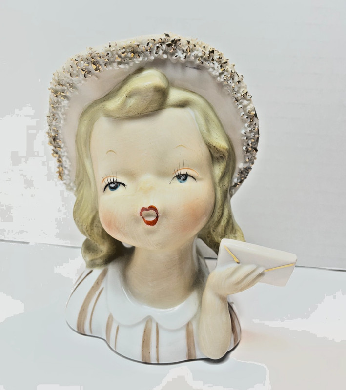 Vintage Little Gird Head w Hat Holding Envelop Planter.
