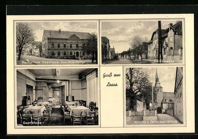 AK Lossa / Naumburg, Gemeinde-Gasthaus, Inneres Gaststube, Kirche und Denkmal 1 