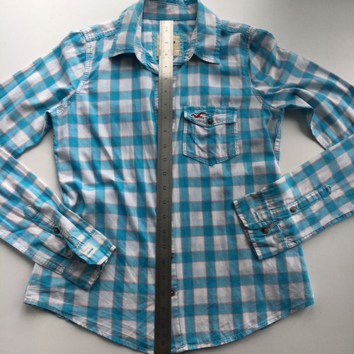 HOLLISTER SHIRT BLOUSE Womens XS Extra Small Turquoise BLUE Checked check Casual - Picture 8 of 12