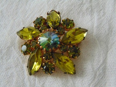 vtg Austria signed Peridot green crystal navettes rivoli crystal center brooch