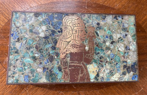 Vintage Mexican gemstone and mixed-metal inlaid handmade hinged art box 4 x 8” 