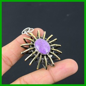 Authentic Oval Purpurite Stone Cage And 18K Gold Plated Bezel Boho Pendant Sterling Silver