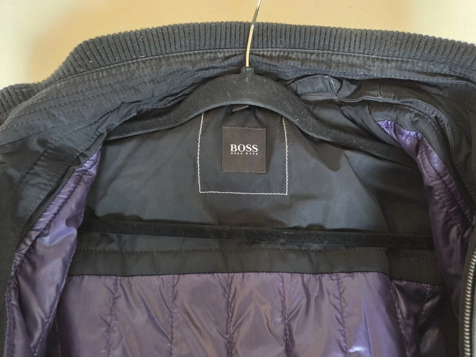 BOSS Hugo Boss Tarmino Mens 44R Black Winter Jacket Coat Purple Quilted Lining - Image 2 of 4