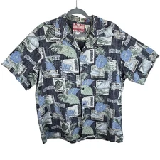RJC Vintage Fish Turtle Drum Print Short Sleeve Button Up Made in Hawaii USA XL