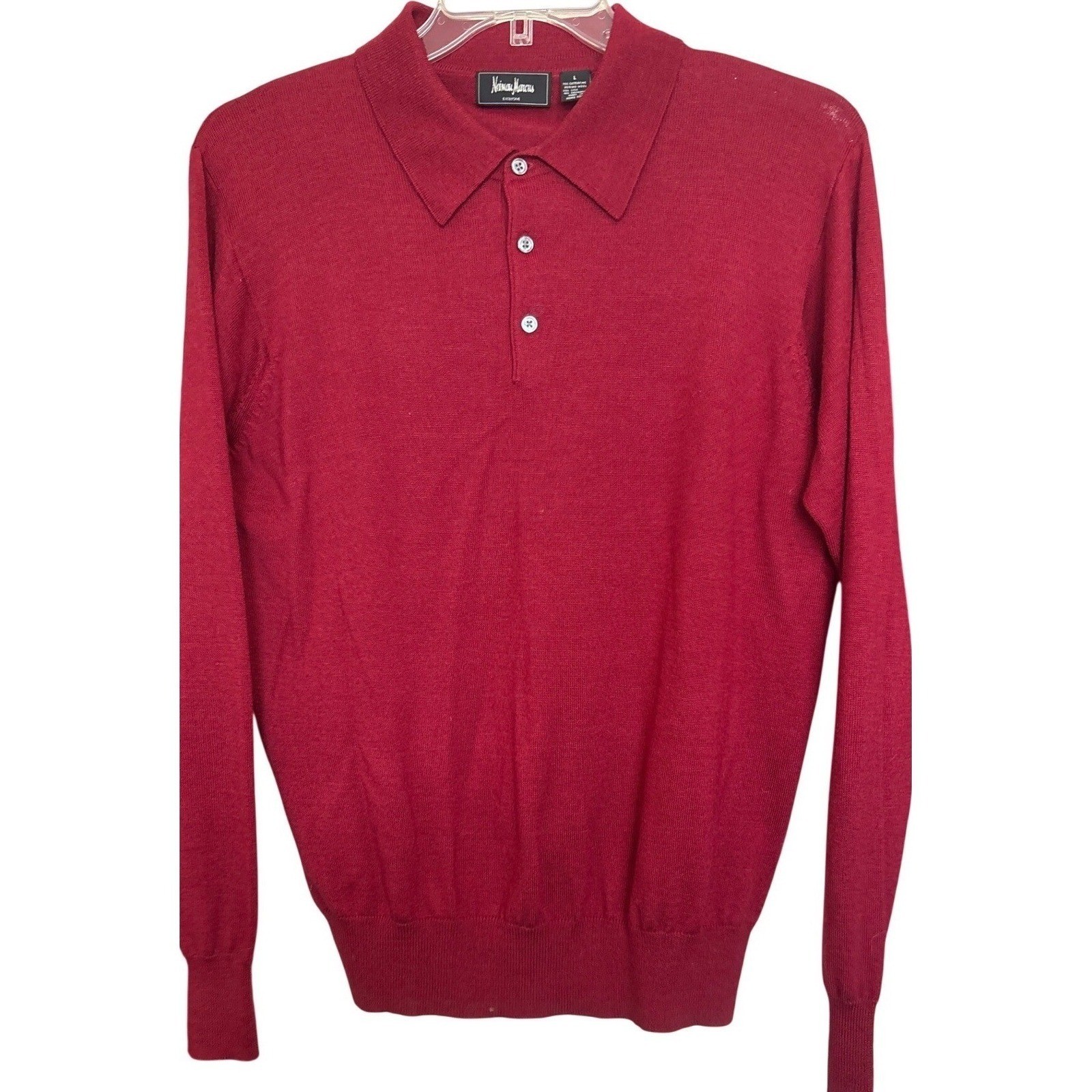 Neiman Marcus Mens Red Merino Wool Silk Cashmere Long Sleeve Polo Sweater L