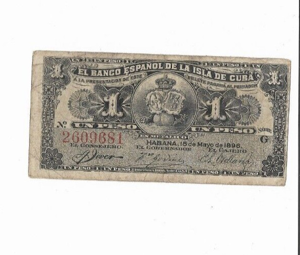 ESPAÑA: 1 PESO BANCO DE ULTRAMAR. AÑO 1896. CON SERIE. RC+. ENVIO GRATIS.