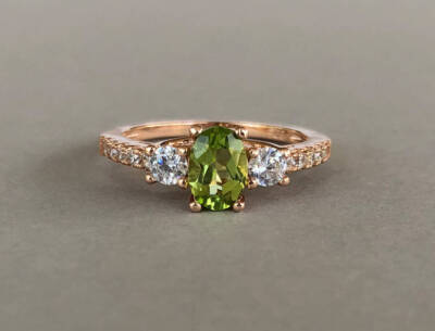 2ct Peridot & Diamond Three Stone Solitaire Birthday Ring 14k SOLID Rose Gold