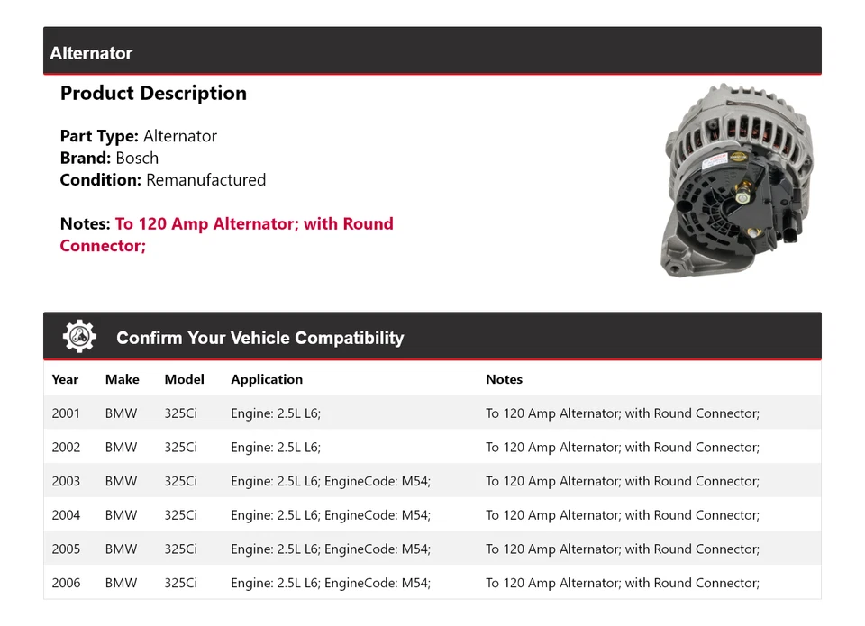 Alternador Bosch para BMW 325Ci 2001-2006 2,5 L L6 (remanufacturado) 2002 2003 2004 Foto 2 de 4