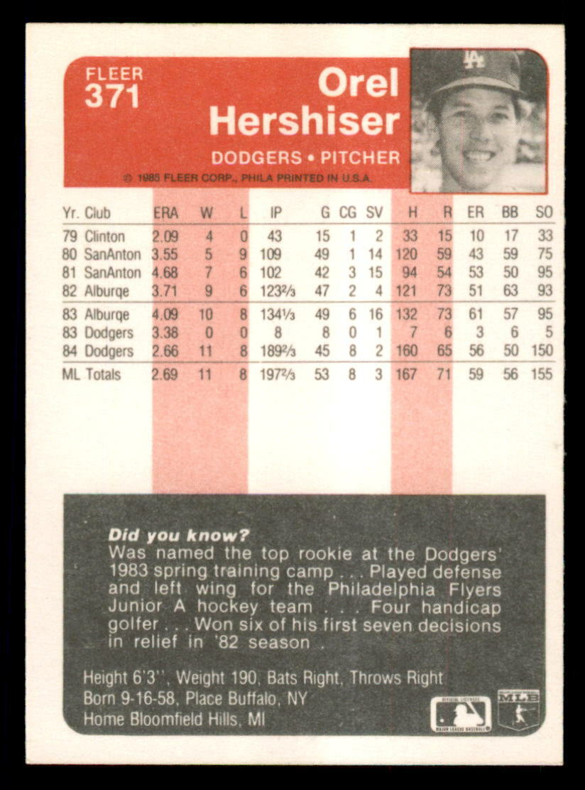 1985 Fleer #371 Orel Hershiser Rookie NM | eBay