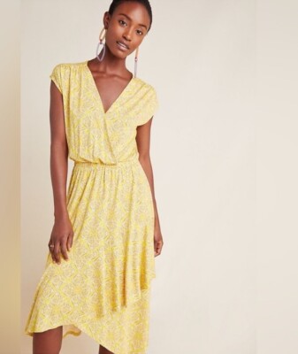 Anthropologie Maeve Fete Yellow Print Faux Wrap Midi Hi Low Dress Womens  Small | eBay
