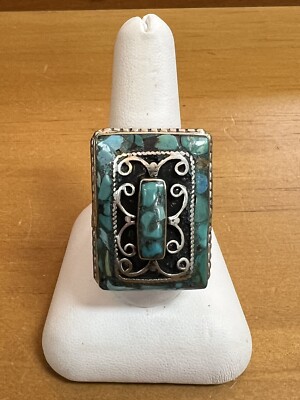 Tibetan Jewelry Nepal Rajast Hani Kundan Tribal Turquoise Mosaic Ring Sz 9 1/2