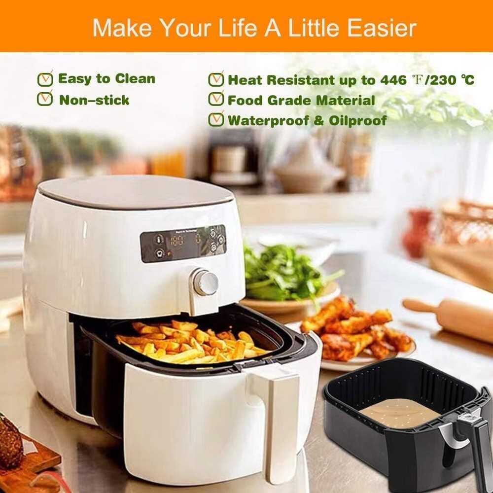 100pcs 8.5-Inch Square Air Fryer Parchment Liners No-Burn Non-Stick Easy to Use