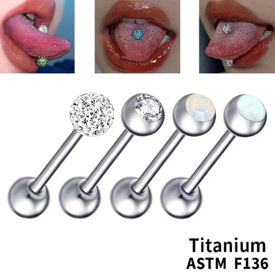 4pc 14g F136 Titanium Multi Crystal Opal Tongue Bar Barbell Nipple Piercing Set - Image 4 of 4