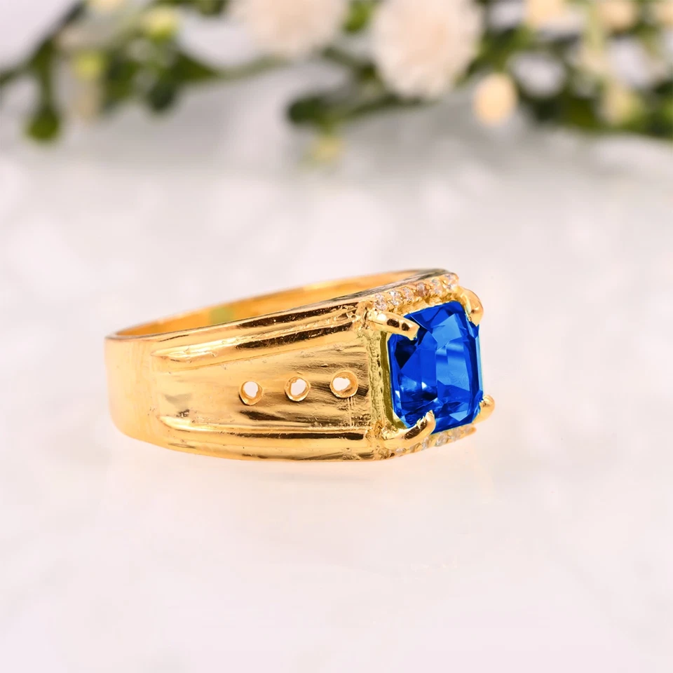 Men’s 14K Yellow Gold Ring AAA Natural Tanzanite Faceted Gemstone Gift Handmade - Image 2 of 3
