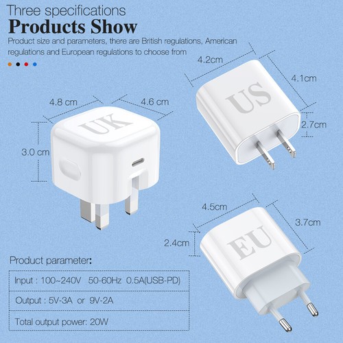 USB C Wall Charger Adapter 20W Fast Block Type C Charging Docks Head AU EU US UK - Afbeelding 11 van 14