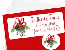 30 Personalized Return Address Labels +Envelope Seals SET - Christmas Mistletoe