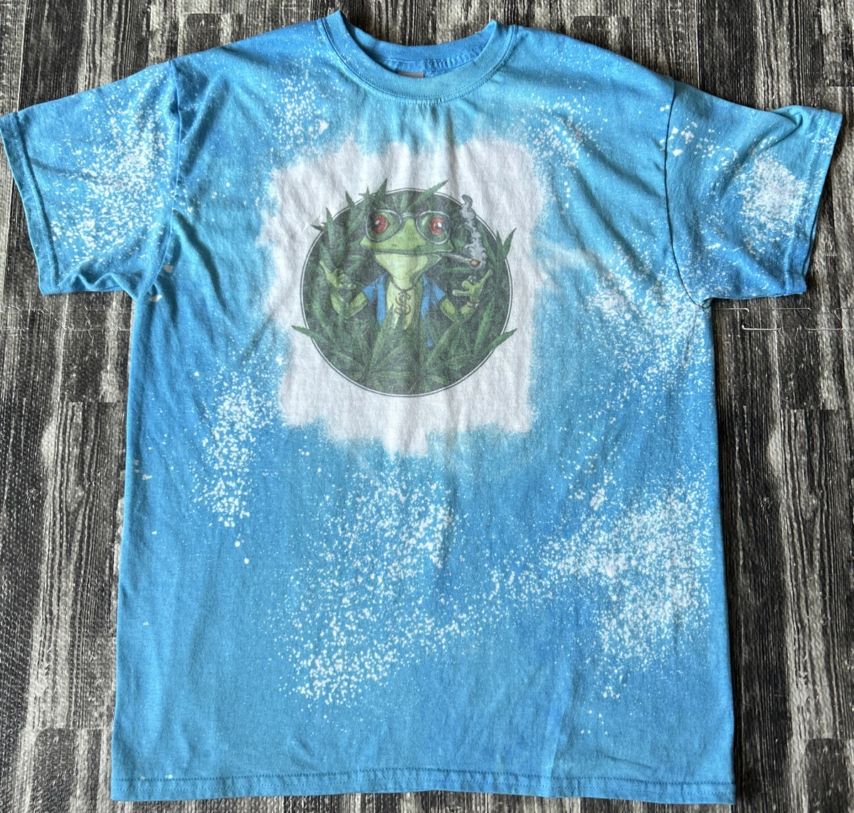 Adult Marijuana Stoned Frog Hippie Graphic Tie Dye T-Shirt Blue / White sz Large