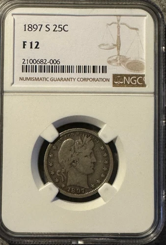 1897-S BARBER QUARTER NGC FINE-12  SEMI KEY COIN, FREE SHIPPING