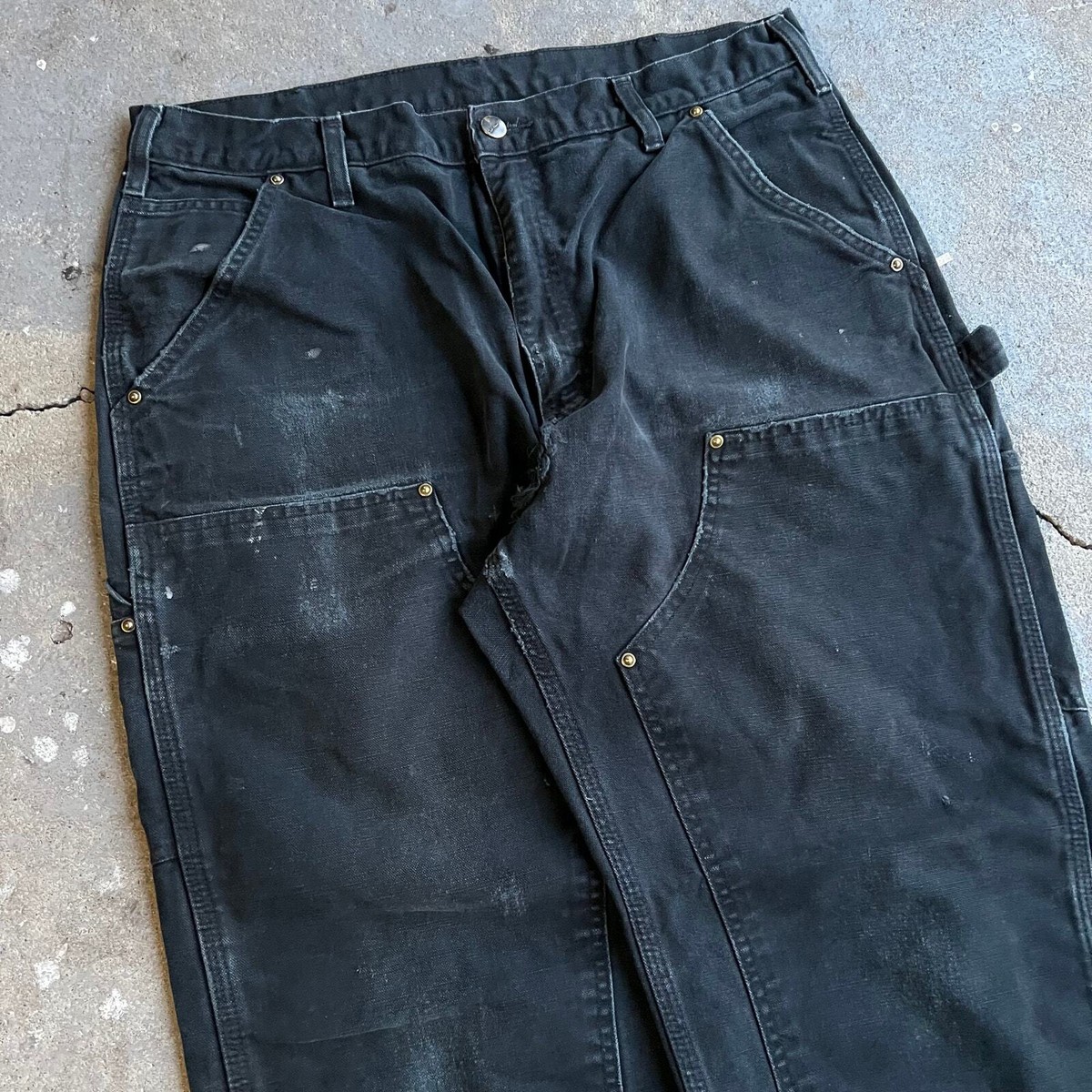 【カーハート】W’ THRIFT PANTS 黒　USA製　28×32 レア Vintage carhartt black thrashed double knee work wear